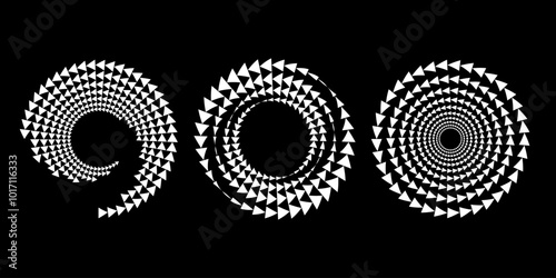 Set of white triangles in vortex form. Geometric art. Halftone dots. Trendy design element for logo, tattoo, sign, symbol, web, prints, posters, social media, template, pattern and abstract background