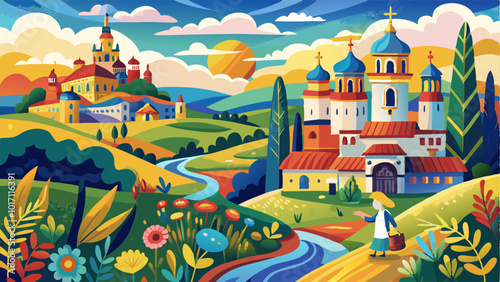 ukrainian landscape with castle and church