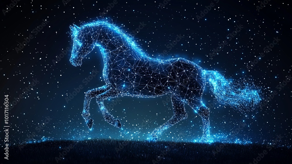 An artistic rendition of a horse rendered in digital form with a constellation theme, exuding a sense of power and movement in a starry, cosmic landscape. An artistic rendition of a horse rendered in digital form with a constellation theme, exuding a sense of power and movement in a starry, cosmic landscape.