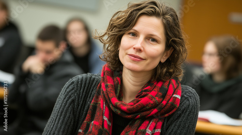 Smiling woman in red and black scarf looking to the left, blurred background.