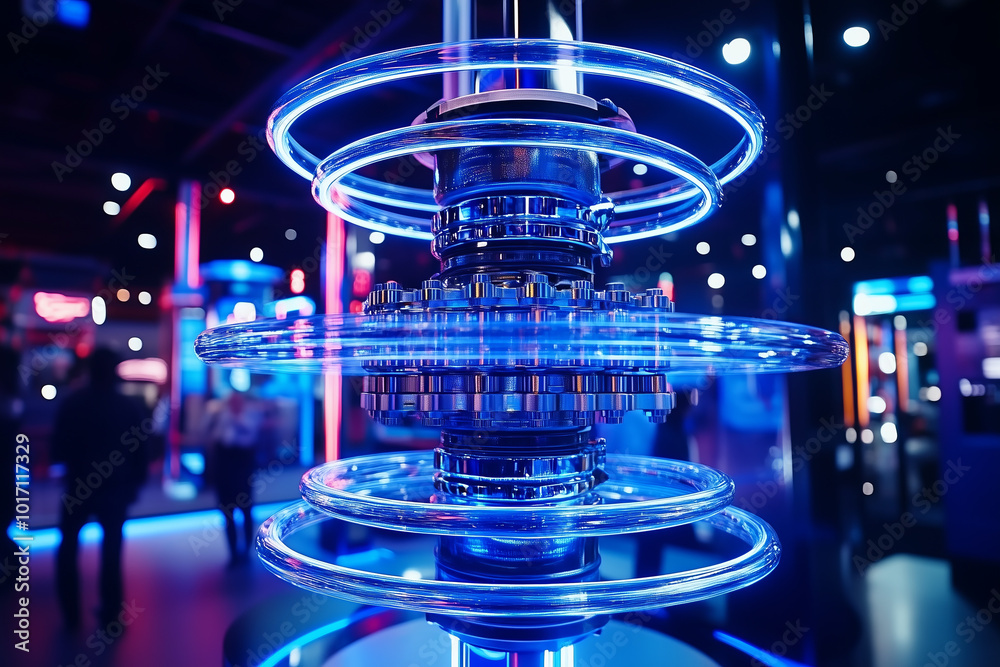 A metallic object with blue light rings, glowing in a dark room. A metallic object with blue light rings, glowing in a dark room.