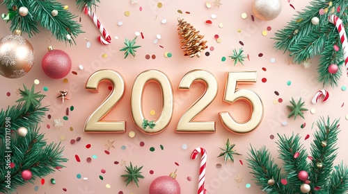 This vibrant image showcases the golden numbers '2025', surrounded by holiday ornaments and candy canes, embodying a festive cheer and joyful spirit of the holiday season. photo