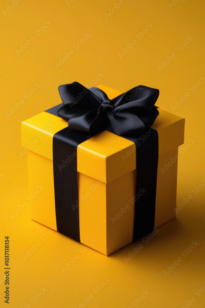 A yellow box with a black bow on top. The box is sitting on a yellow background. The box is a gift and the bow is a decoration