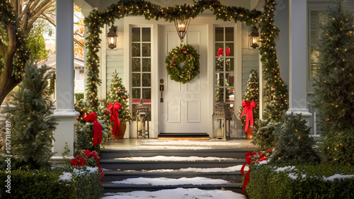 A house door somewhere in California welcomes you with a festive entrance adorned with charming Christmas decorations