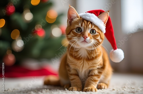 Orange cat sitting with Santa hat on Christmas background. Close up view.  photo