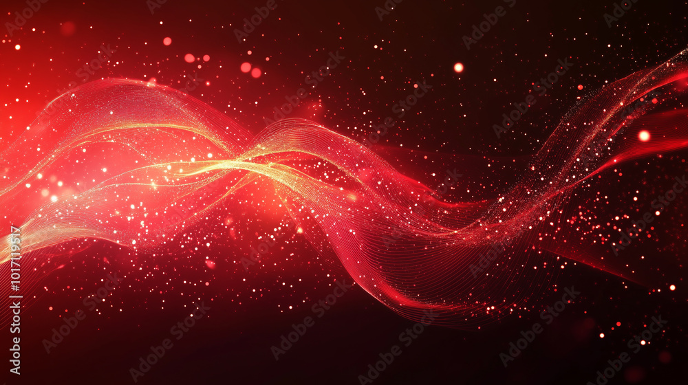Fototapeta premium Abstract red and gold wave with glowing particles.