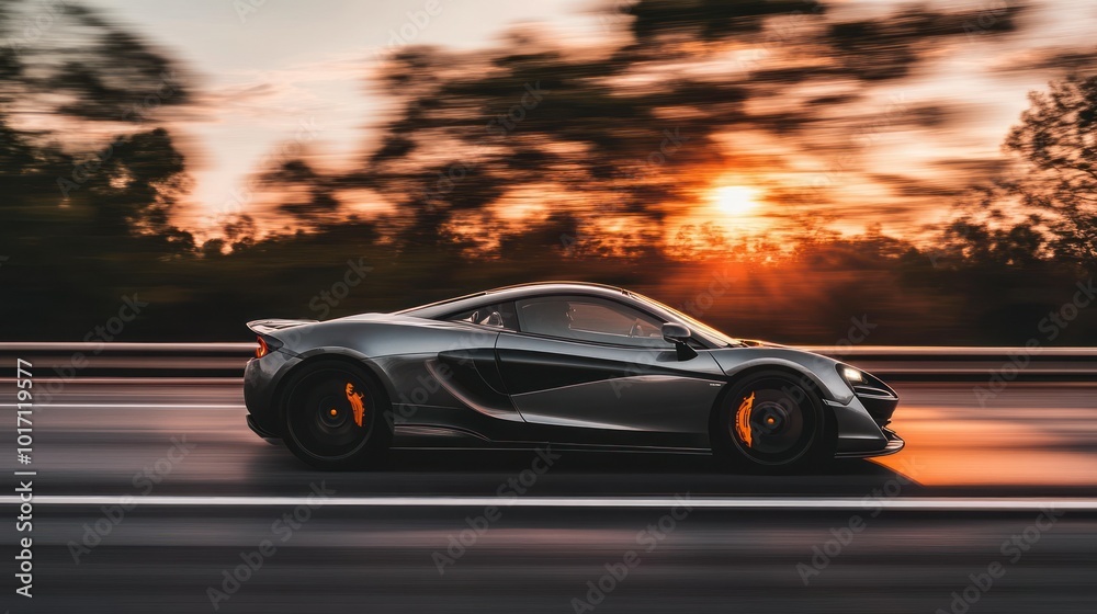 A gray sports car speeding on a highway with a sunset backdrop A gray sports car speeding on a highway with a sunset backdrop