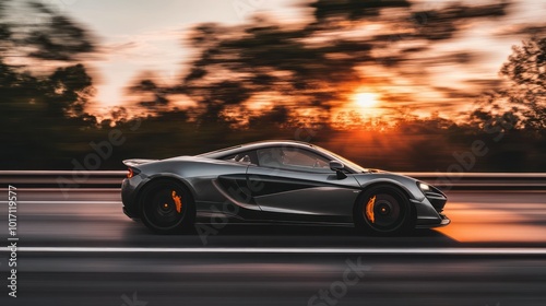 A gray sports car speeding on a highway with a sunset backdrop