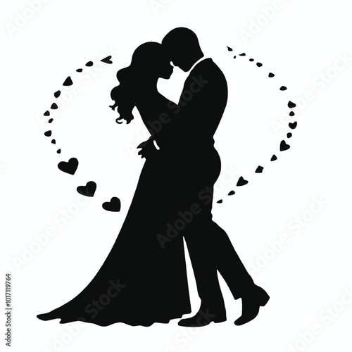 A silhouette of a couple embracing, with hearts