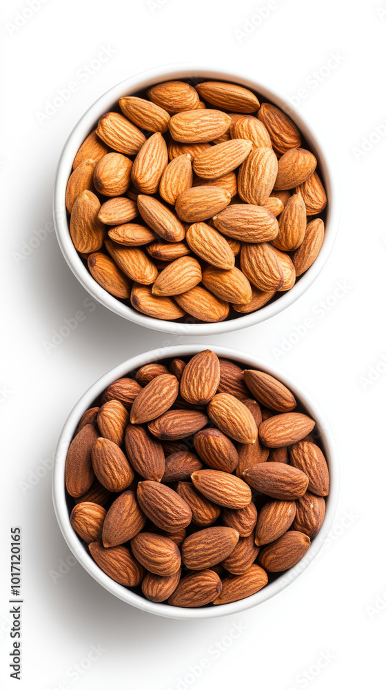 Two bowls of almonds on a white background. Two bowls of almonds on a white background.