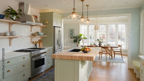 Bright and airy modern kitchen with pale green cabinetry, a spacious island, and stylish pendant lights, creating a welcoming atmosphere for cooking and dining