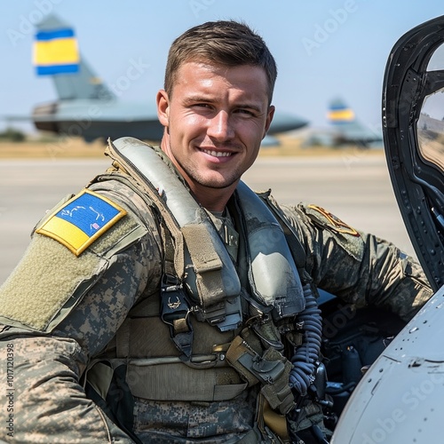 A proud military pilot smiles while sitting in the cockpit of a fighter jet. The background features aircraft, showcasing the spirit of aviation. This image captures strength and determination. AI photo