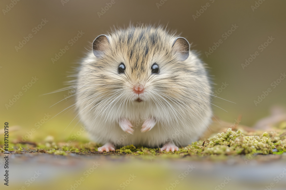 A fluffy, grey and brown mouse looks directly at the camera. A fluffy, grey and brown mouse looks directly at the camera.