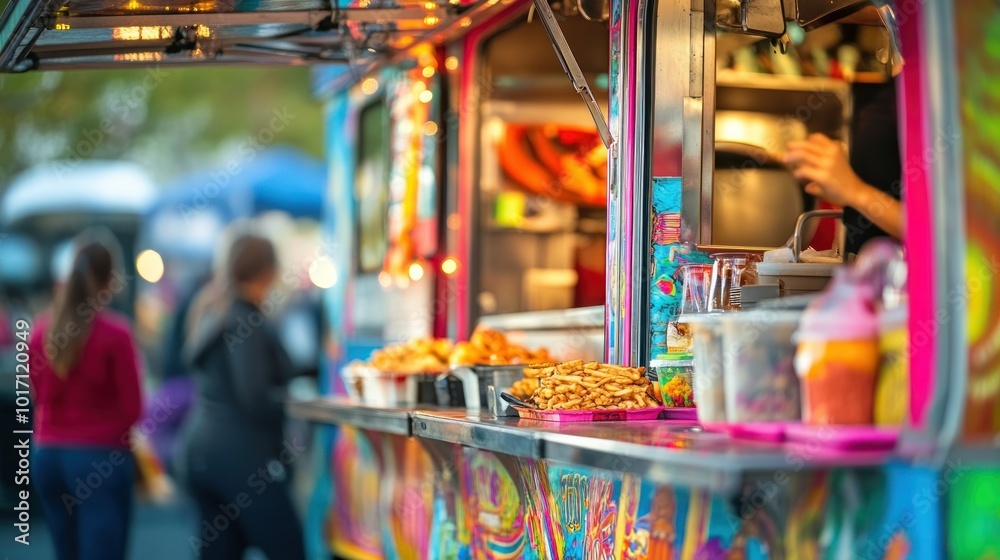 Obraz premium Colorful Food Truck with Fries and a Blurry Customer in the Foreground