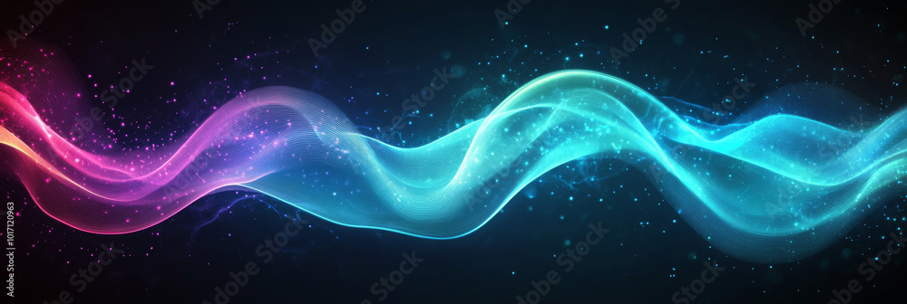 Fototapeta premium Abstract glowing wave of light in blue, pink, and purple shades on black background.