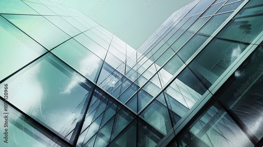 Abstract view of a modern glass skyscraper, highlighting the reflective surfaces and angular lines, creating a stunning interplay of light and architecture in an urban setting Abstract view of a modern glass skyscraper, highlighting the reflective surfaces and angular lines, creating a stunning interplay of light and architecture in an urban setting
