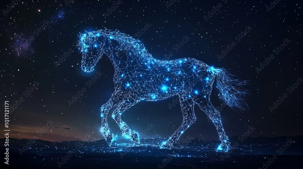 An illuminated horse made of a complex network of blue lights and nodes, set against a deep night sky, evoking a sense of magic and connectivity.