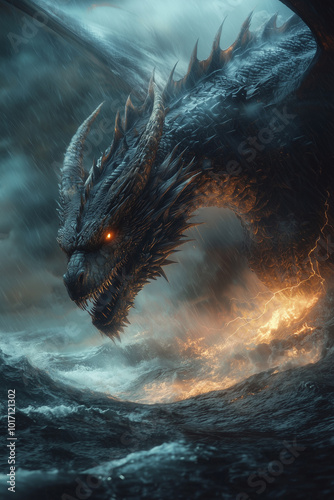 ominous black dragon rising from the sea, its eyes glowing amidst the stormy night