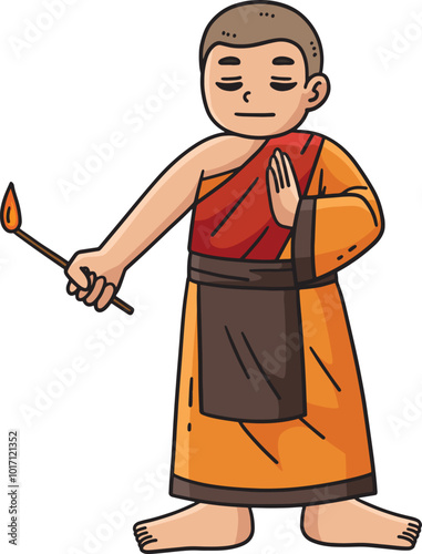 Buddhism Monk Lighting Prayer Incense Clipart