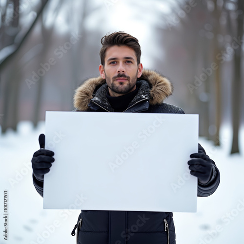 Man holding blank white sign with copy space for text overlay, blurred snowy park background photo