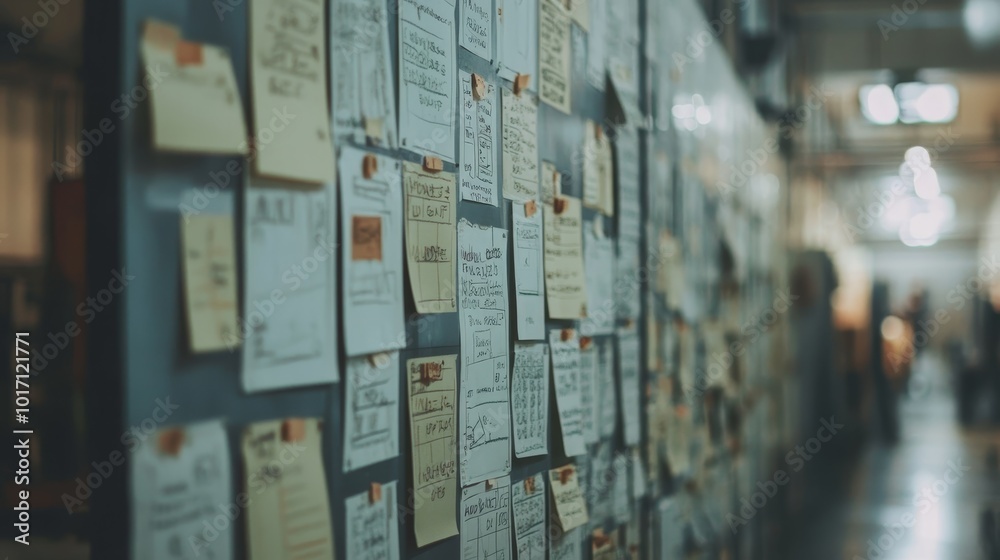 Creative Workspace with Sketches and Notes on Wall Creative Workspace with Sketches and Notes on Wall
