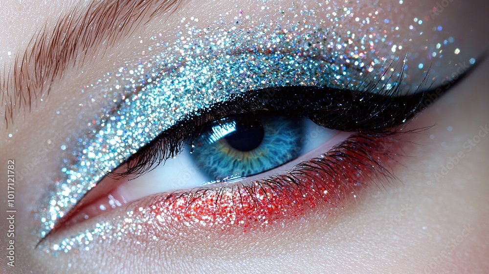 A striking close-up of a blue eye adorned with glittery makeup, featuring a bold black eyeliner and vibrant sparkling hues of blue and red. A striking close-up of a blue eye adorned with glittery makeup, featuring a bold black eyeliner and vibrant sparkling hues of blue and red.