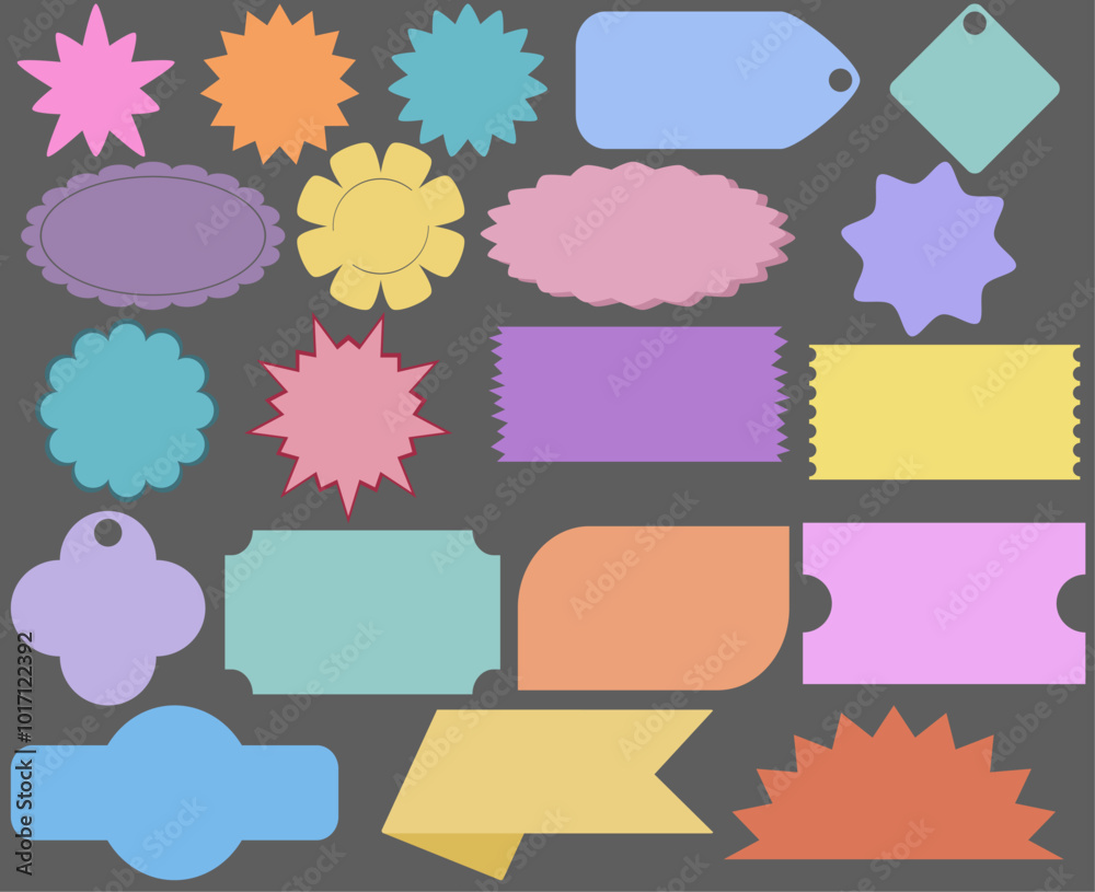Fototapeta premium A colorful collection of badges and logo shapes in a variety of styles and colors, including circles, stars, squares, and ribbons. Each shape is filled with pastel colors.