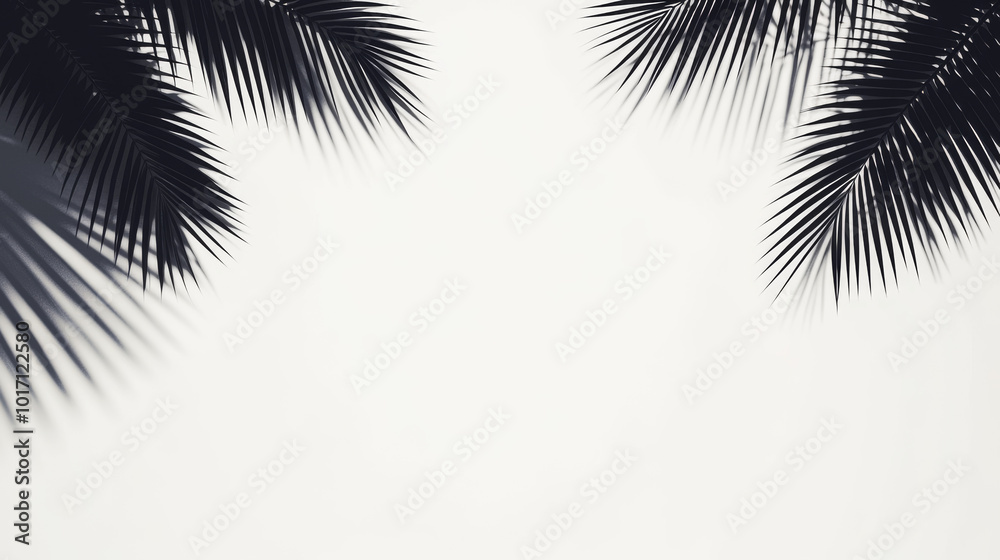 Fototapeta premium Palm leaves cast shadows on a white wall, creating a tropical vibe.