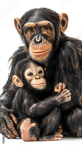 Mother Monkey Chimpanzee Petting Her Baby, White Background, Wallpaper, Cover and Screen for Smartphone, PC, Laptop, 9:16 and 16:9 Format