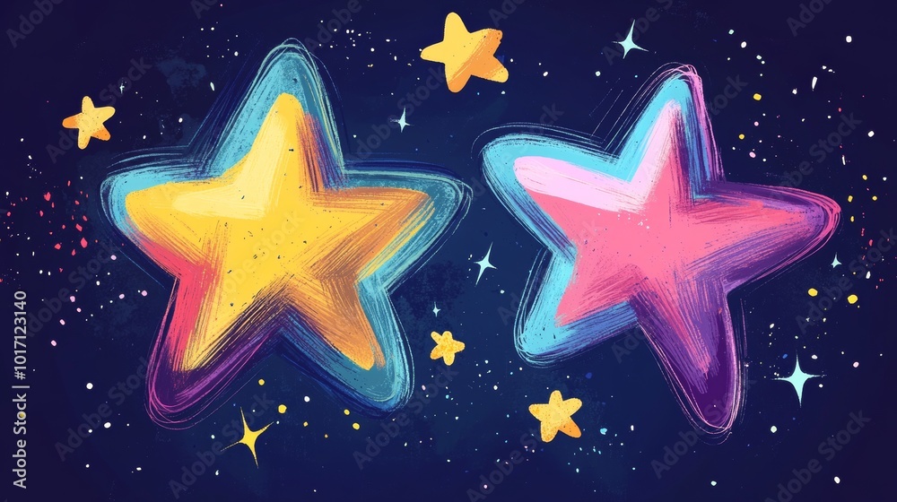 Cute, colorful stars drawn like a child would, with sparkles and shine. These hand-drawn stars are perfect for adding a playful touch to your designs.