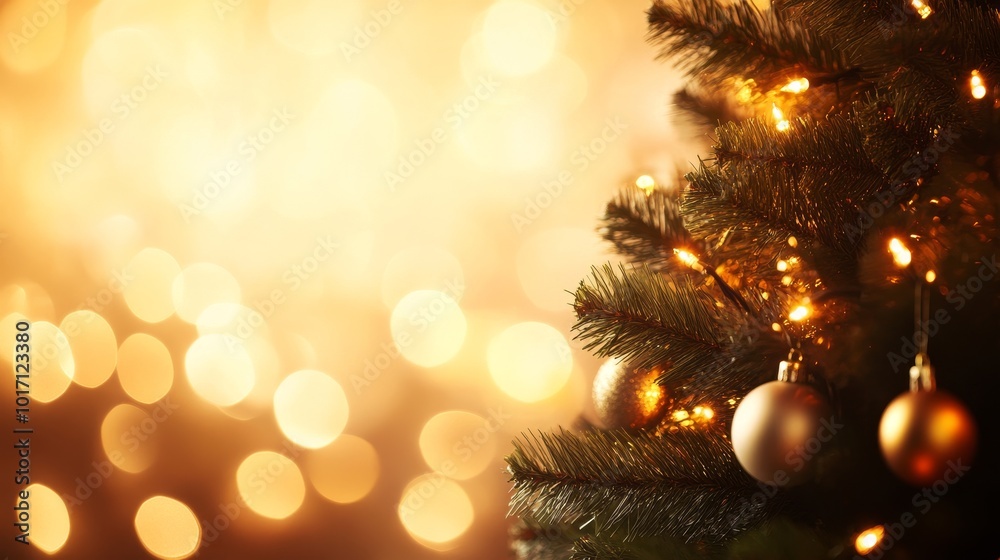 Close-up of a decorated Christmas tree with golden lights and ornaments, creating a warm, festive atmosphere with glowing bokeh in the background. Close-up of a decorated Christmas tree with golden lights and ornaments, creating a warm, festive atmosphere with glowing bokeh in the background.