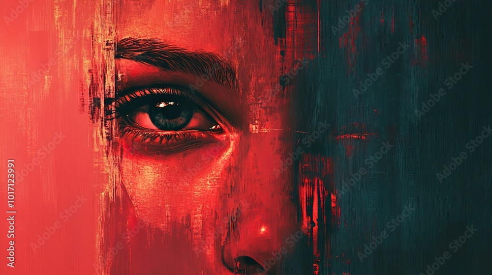 Intense Gaze: Abstract Portrait in Red and Blue