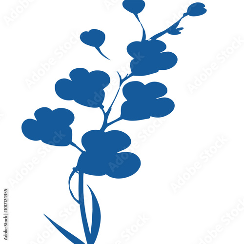 Blue heart-shaped flowers with black stems and leaves on a white background