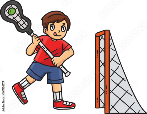 Boy Playing Lacrosse with a Net Cartoon Clipart