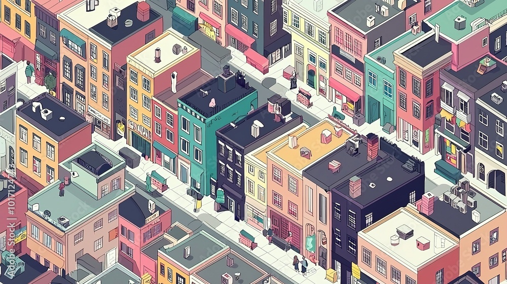 A vibrant, colorful depiction of urban buildings arranged in a tight layout, showcasing diverse architectural styles and lively streets. A vibrant, colorful depiction of urban buildings arranged in a tight layout, showcasing diverse architectural styles and lively streets.