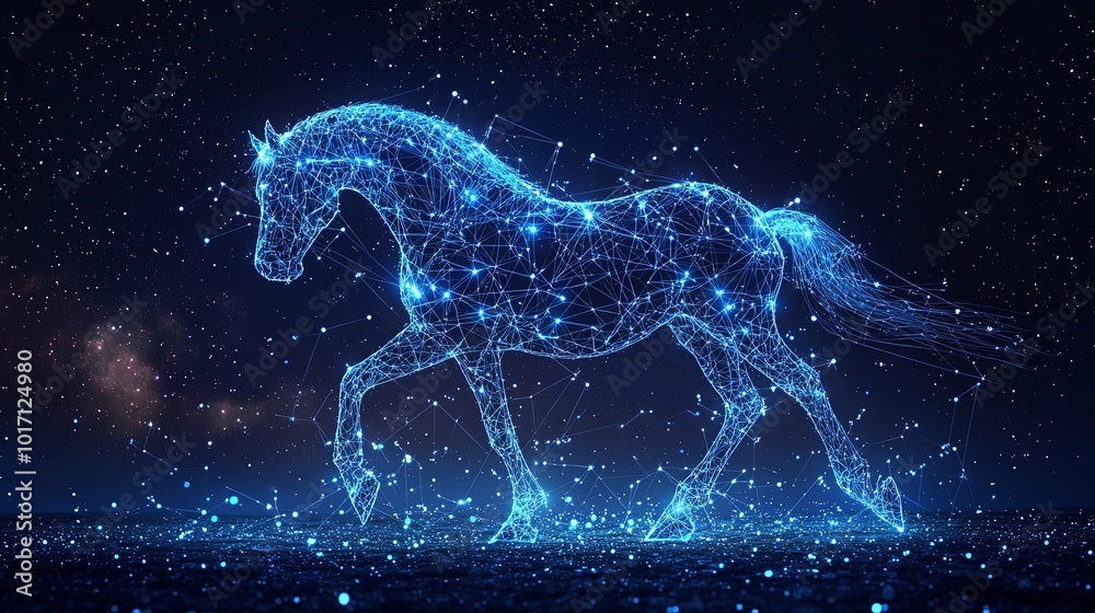A digital depiction of a luminous horse in motion, the creature's outline composed of intricate patterns, evokes a sense of grace and celestial wonder. A digital depiction of a luminous horse in motion, the creature's outline composed of intricate patterns, evokes a sense of grace and celestial wonder.