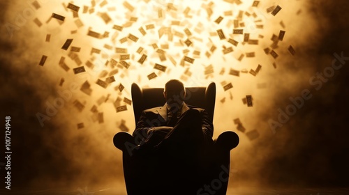 Silhouette of man in chair surrounded by flying money, symbolizing finance and wealth in dramatic lighting.