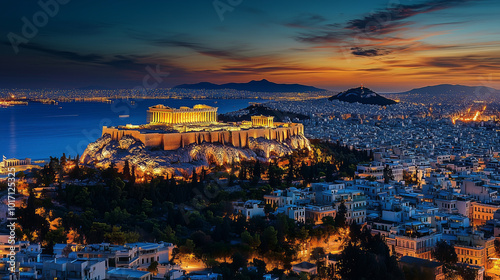 The Acropolis of Athens at dusk with the city lights twinkling below.