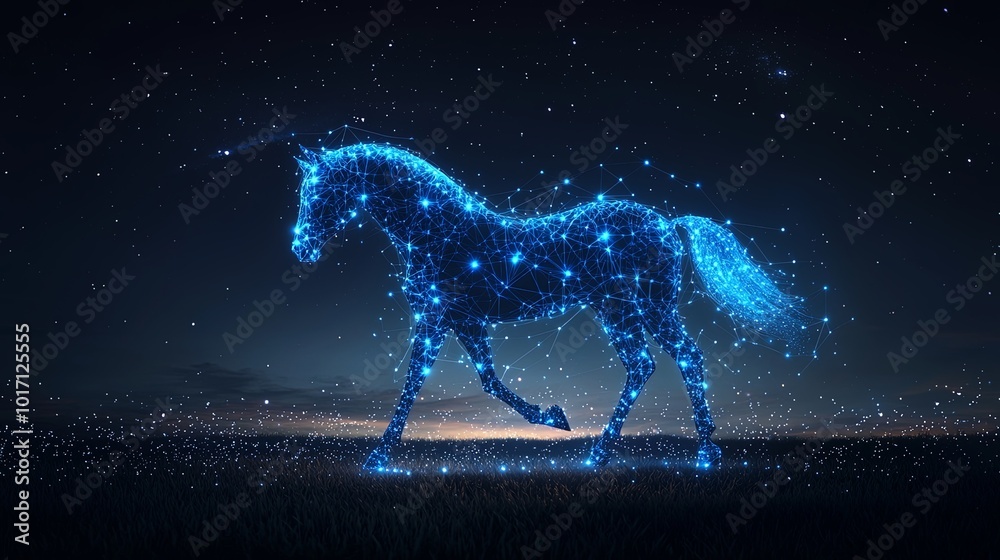 A starry horse silhouette, enriched with cosmic blue light, strides elegantly against a night sky, embodying the union of nature and digital advancement. A starry horse silhouette, enriched with cosmic blue light, strides elegantly against a night sky, embodying the union of nature and digital advancement.