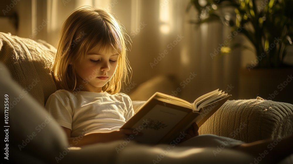 Young girl engrossed in reading a book while sitting on a sofa Young girl engrossed in reading a book while sitting on a sofa