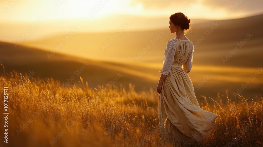 Woman in a Flowing Dress Standing in a Golden Field at Sunset Woman in a Flowing Dress Standing in a Golden Field at Sunset