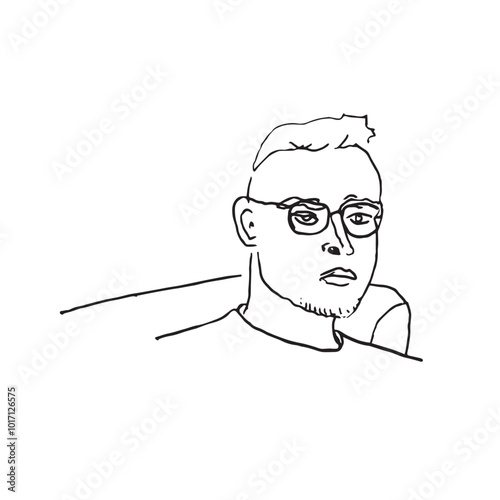 Portrait minimaliste d'un jeune homme avec lunette de vue, esquisse noir et blanc epurée. 