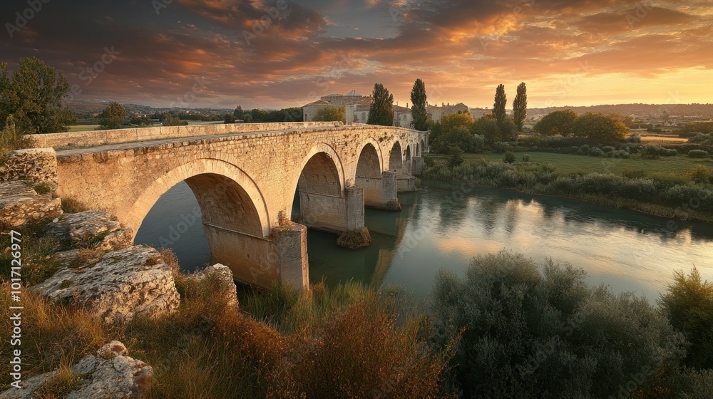 Fototapeta premium Stone Arch Bridge Over a River at Sunset