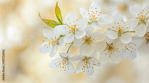 Delicate White Flowers with Yellow Centers on a Branch