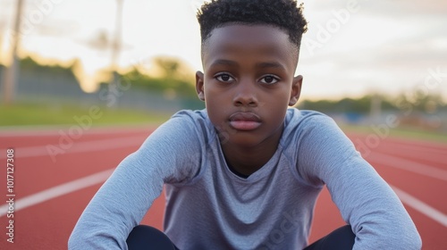 Young Black Athlete Sits on a Track Looking at the Camera photo