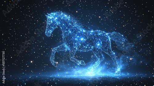 A dynamic digital rendition of a blue light stallion emerging triumphantly from a backdrop of galaxies and cosmic particles, exuding power and mystery. photo