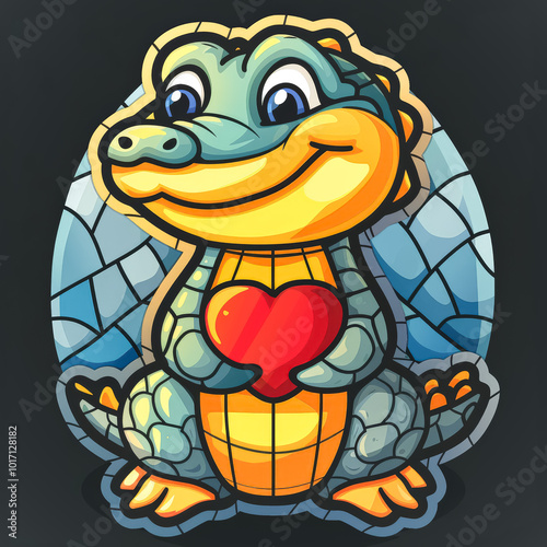 Cartoon crocodile holding a heart in its mouth