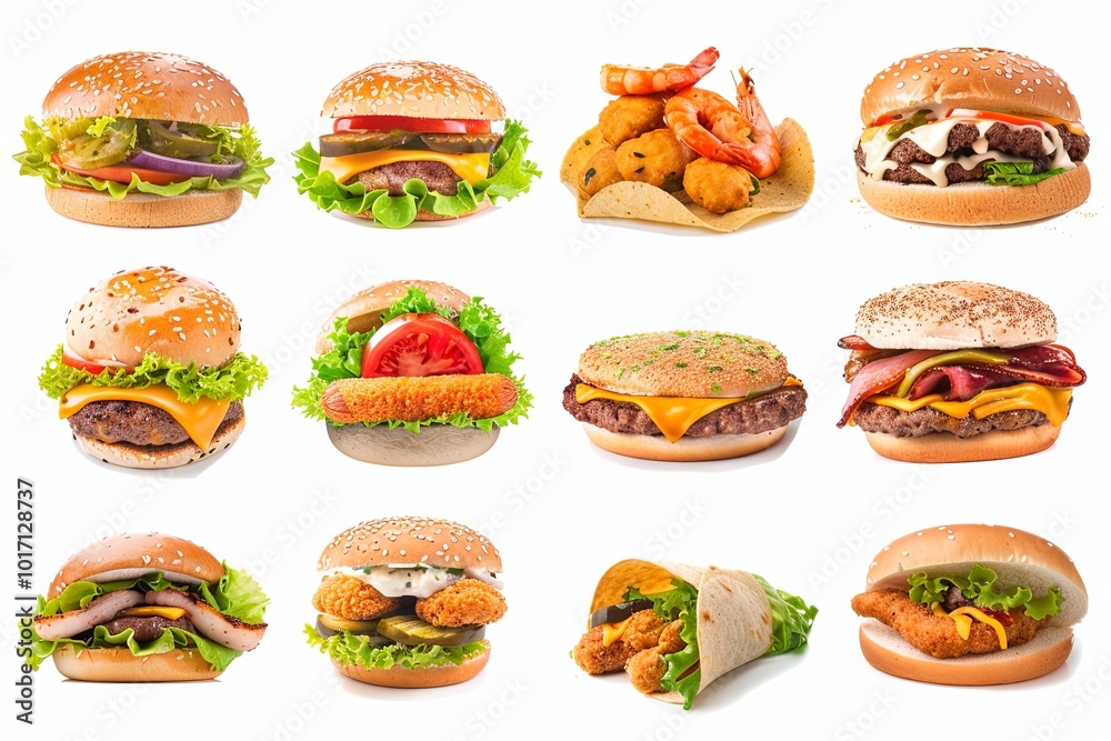 A vibrant display of various burgers alongside seafood options, showcasing fresh toppings and appealing colors for tempting choices. Generative AI A vibrant display of various burgers alongside seafood options, showcasing fresh toppings and appealing colors for tempting choices. Generative AI