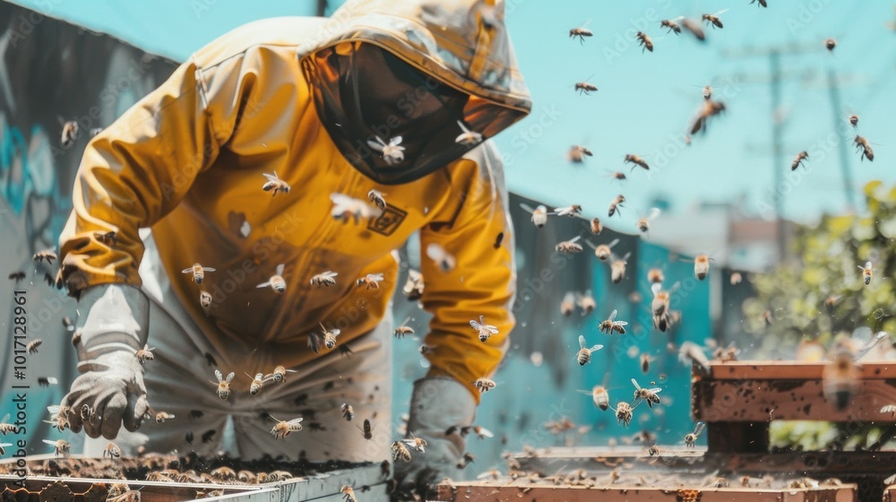 Beekeeper in Protective Gear Collecting Honey from Beehive in Apiary Beekeeper in Protective Gear Collecting Honey from Beehive in Apiary