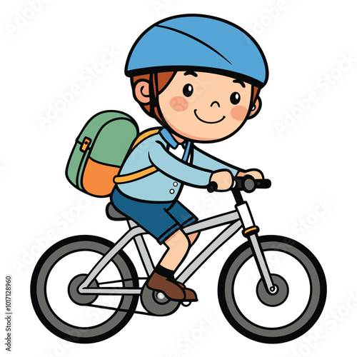 A happy and chill mood school boy cycling cartoon art illustration 